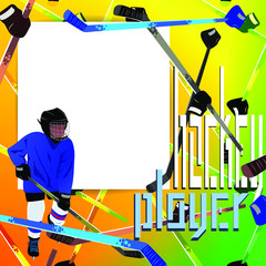 Hockey template for labels, photos, elements, notes, lists, etc. Hockey player, sticks, the inscription.White sheet of paper. Poster, postcard, label, banner.