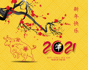 Happy new year 2021. Chinese new year, year of the ox(Chinese translation : Happy chinese new year 2021, year of ox)