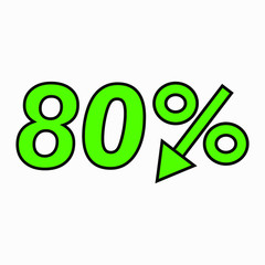 The 80 percent drop green icon. Price drop. Interest rate reduction. Stock symbol. Discount. Markdown of goods. Bonus discount. Vector icon.
