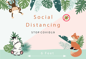 Cute animal social ditancing collection with zebra,fox,monkey is wearing mask.Vector illustration for prevention the spread of bacteria,coronviruses