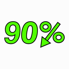 The 90 percent drop green icon. Price drop. Interest rate reduction. Stock symbol. Discount. Markdown of goods. Bonus discount. Vector icon.