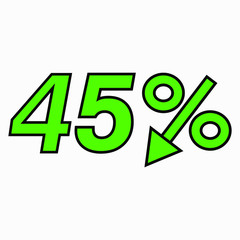 The 45 percent drop green icon. Price drop. Interest rate reduction. Sell-out. Stock symbol. Discount. Markdown of goods. Bonus discount. Vector icon.