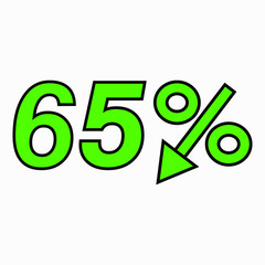 The 65 percent drop green icon.  Price drop. Interest rate reduction. Sell-out. Stock symbol. Discount. Markdown of goods. Bonus discount. Vector icon.