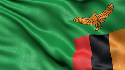 3D illustration of the flag of Zambia waving in the wind. - obrazy, fototapety, plakaty