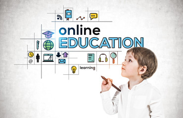 Little boy with pen, online education icons