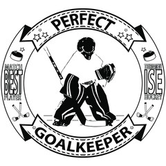 The best goalkeeper of the ice hockey tournament. Player of the match. Illustration of the athlete. Use for printing badges, medals, souvenirs.Black and white isolated image.
