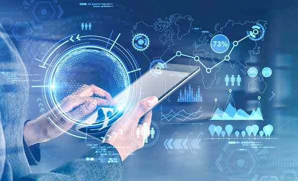 Woman with tablet, global online work interface