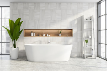 Fototapeta na wymiar White wooden bathroom interior with tub