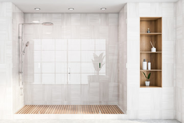 White wooden bathroom interior with shower stall