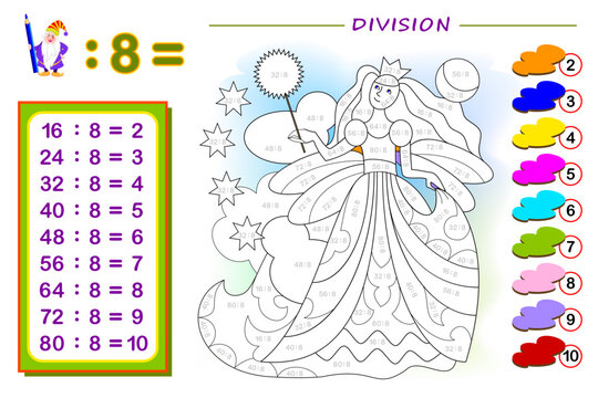 Exercise for kids with division by number 8. Paint the princess. Educational page for mathematics baby book. Printable worksheet for children textbook. Back to school. IQ test. Vector illustration.