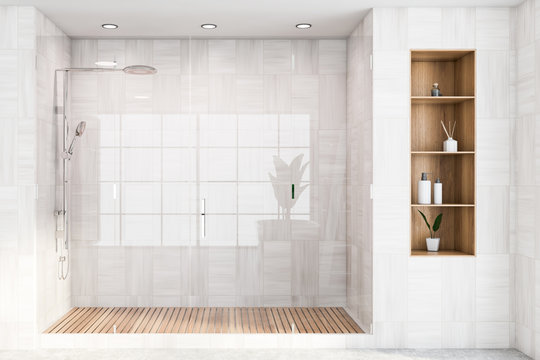 White Wooden Bathroom Interior With Shower Stall