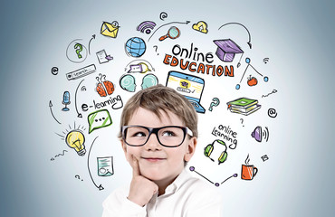 Cute little boy in glasses online education sketch