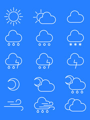 White Simple Flat Weather Forecast Icons Set Collection on Blue Background