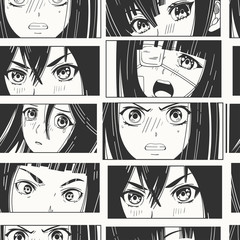 Naklejka premium Close up of Asian female Eyes look. Black and white Manga style. Japanese cartoon Comic concept. Anime characters. Hand drawn trendy Vector Seamless pattern. Background, Wallpaper
