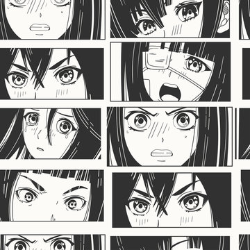 Close up of Asian female Eyes look. Black and white Manga style. Japanese cartoon Comic concept. Anime characters. Hand drawn trendy Vector Seamless pattern. Background, Wallpaper