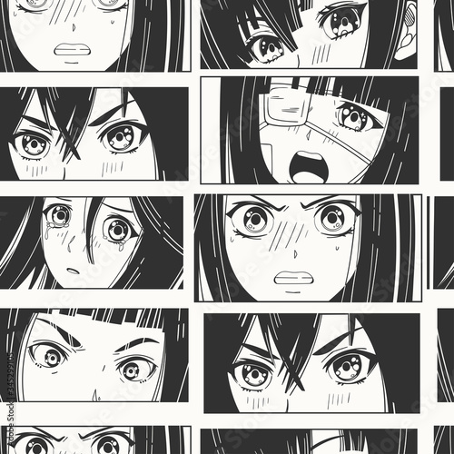 Close Up Of Asian Female Eyes Look Black And White Manga Style Japanese Cartoon Comic Concept Anime Characters Hand Drawn Trendy Vector Seamless Pattern Background Wallpaper Wall Mural Dariia