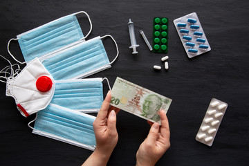 Medical costs during coronavirus crisis. Epidemic covid-19 concept in Turkey. Turkish lira banknotes.
