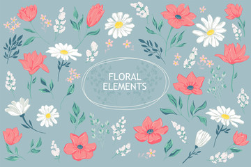 Vector illustration of petal and flowers. Beautiful set for vintage template invitation, decoration and cards.