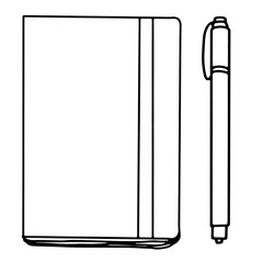 Seth diary and pen on an isolated white background. Black hand draw outline. Back to school, office, planning. Vector illustration.