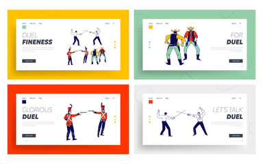Male Characters Fighting on Duel Landing Page Template Set. Wild West Cowboys in United States Armed with Revolver to Open Fire. Hussars Aiming with Gun, Men Fencing. Linear People Vector Illustration