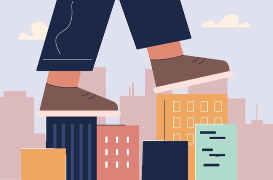 Cartoon human foot in shoes going on roofs of houses vector flat illustration. Close up male feet walking at colorful modern city building. Concept of migrate, career and difficulties overcoming