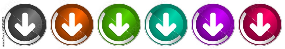 Aufkleber Down arrow icon set, download silver metallic chrome border vector web buttons in 6 colors options for webdesign