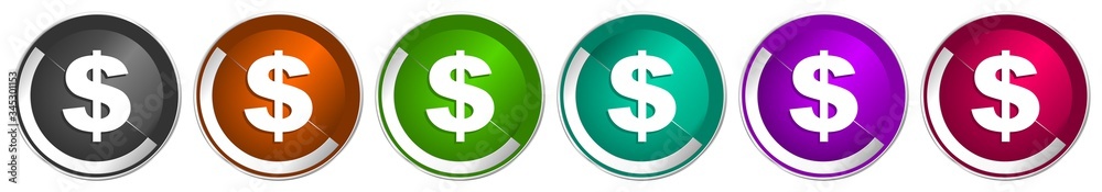 Poster Dollar icon set, silver metallic chrome border vector web buttons in 6 colors options for webdesign