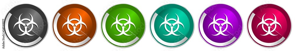 Poster Biohazard icon set, silver metallic chrome border vector web buttons in 6 colors options for webdesign