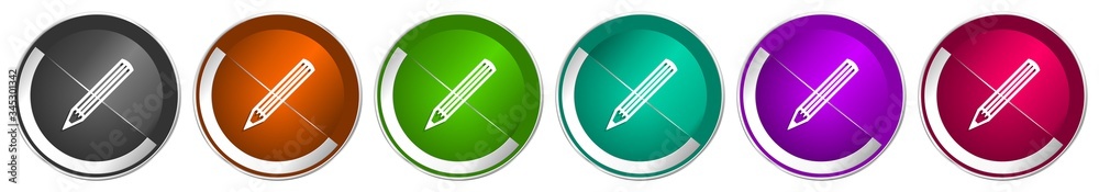 Leinwandbilder pencil icon set, silver metallic chrome border vector web buttons in 6 colors options for webdesign