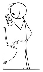 Vector cartoon stick figure drawing conceptual illustration of addicted man using mobile phone while urinating at public toilet or bathroom or lavatory.