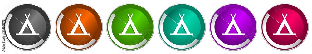 Aufkleber Camp icon set, silver metallic chrome border vector web buttons in 6 colors options for webdesign
