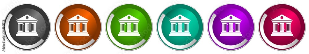 Aufkleber museum icon set, silver metallic chrome border vector web buttons in 6 colors options for webdesign