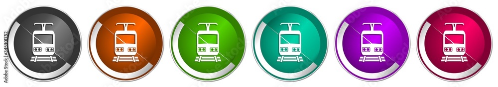 Poster Train icon set, silver metallic chrome border vector web buttons in 6 colors options for webdesign
