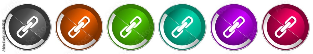 Poster Link icon set, silver metallic chrome border vector web buttons in 6 colors options for webdesign