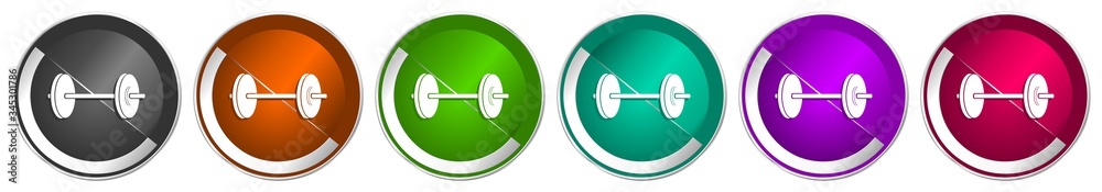 Poster Fitness icon set, silver metallic chrome border vector web buttons in 6 colors options for webdesign