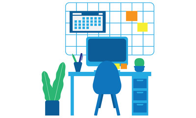 flat and vector of Workplace in blue color and white background. workplace in home. stay home and work from home. 