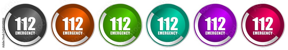 Aufkleber number emergency 112 icon set, silver metallic chrome border vector web buttons in 6 colors options 