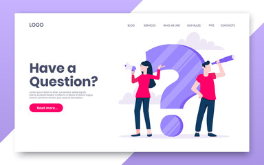 FAQ or Q and A internet landing page concept web template. Teamwork characters working together with faq big question mark, frequently asked questions concept flat style design vector illustration. - obrazy, fototapety, plakaty