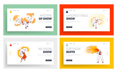 Fire Show Entertainment, Performance Landing Page Template Set. Characters Dance and Juggle with Flame on Stage Performing Talent Show Program for Judges and Viewers. Linear People Vector Illustration