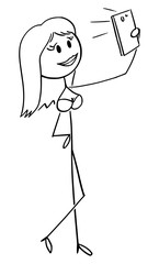 Vector cartoon stick figure drawing conceptual illustration of beautiful sexy woman taking selfie of yourself in lingerie or underwear.
