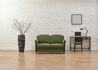 Minimal furniture style, white brick wall background and green armchair.