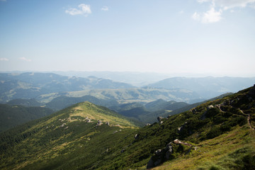 Naklejka premium Beautiful landscape of green hills and mountains. Travel concept. Carpathian mountains