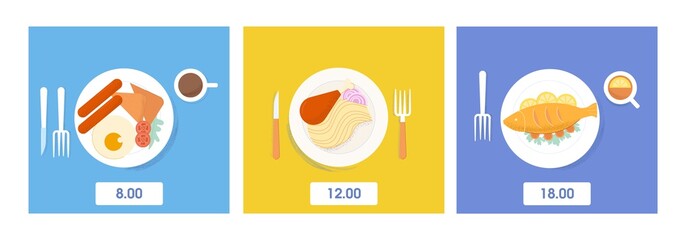 Set of serving food and drink dinner, lunch and breakfast top view vector flat illustration. Appetizing meal on plate with knife and fork ready to eating at time isolated. Cartoon fresh tasty dish