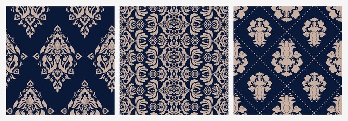 Set of colorful damask floral victorian seamless pattern. Collection of luxury retro ornament vector flat illustration. Colored vintage royal baroque abstract texture wallpaper on blue background