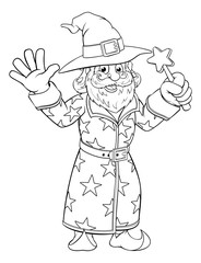 A wizard or magician like merlin cartoon character mascot holding a magic wand coloring book page