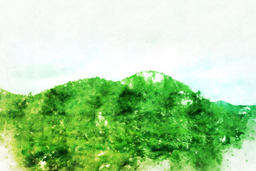 Abstract green colorful mountain range and river in Thailand on watercolor illustration painting background.