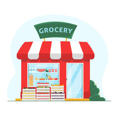 Naklejka premium Grocery store. Front flat illustration. Groceries crates in front of storefront. Organic store building exterior. Isolated vector illustration on white background. Fruits and vegetables market