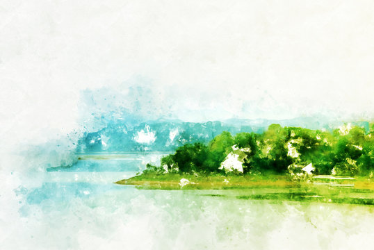 Abstract green colorful mountain range and river in Thailand on watercolor illustration painting background.