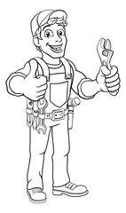 Mechanic plumber maintenance handyman cartoon mascot man holding a wrench or spanner. Giving a thumbs up