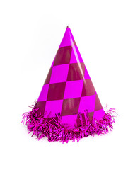 Purple party cap made of paper, isolated on white background. Holiday cup, carnival accessory with tinsel.